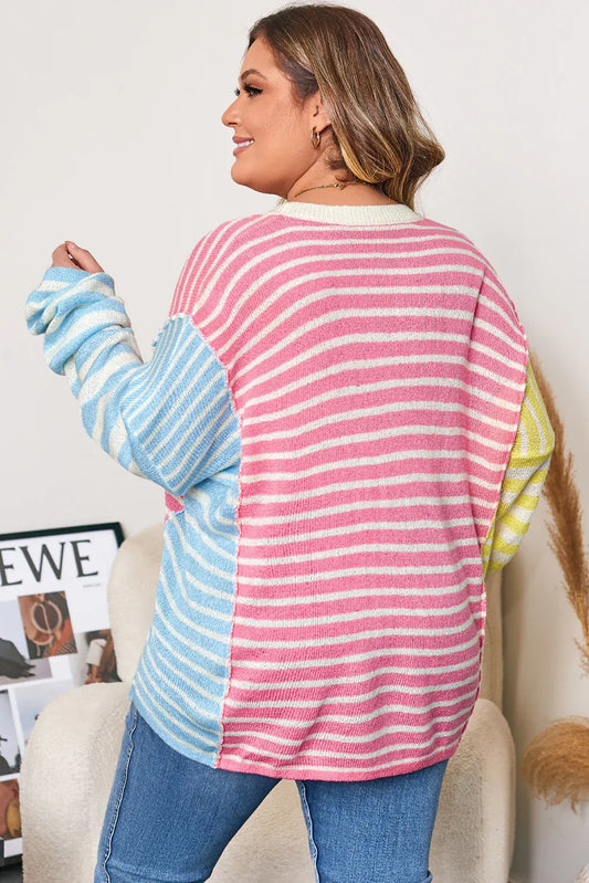 Multicolour Striped Exposed Seam Colorblock Patchwork Plus Size Sweater - Windgat