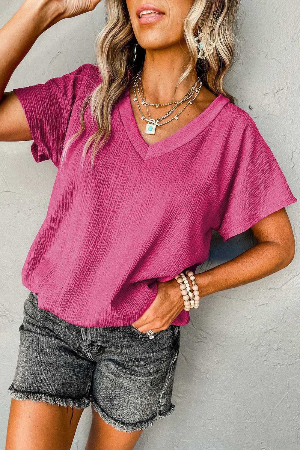 Blue Sapphire Crinkled V Neck Wide Sleeve T-shirt - Windgat
