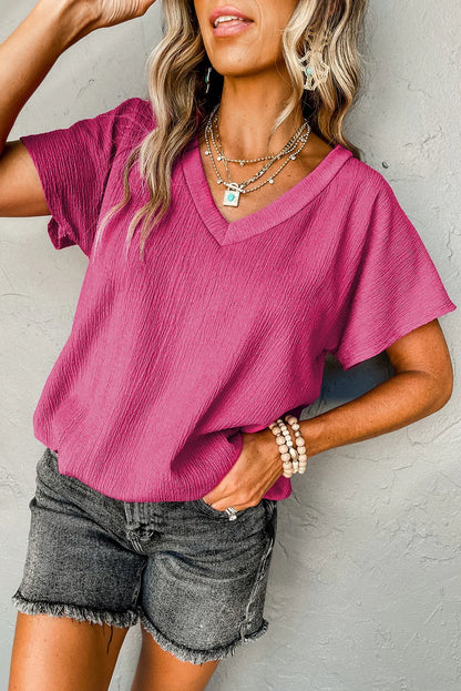 Blue Sapphire Crinkled V Neck Wide Sleeve T-shirt - Windgat