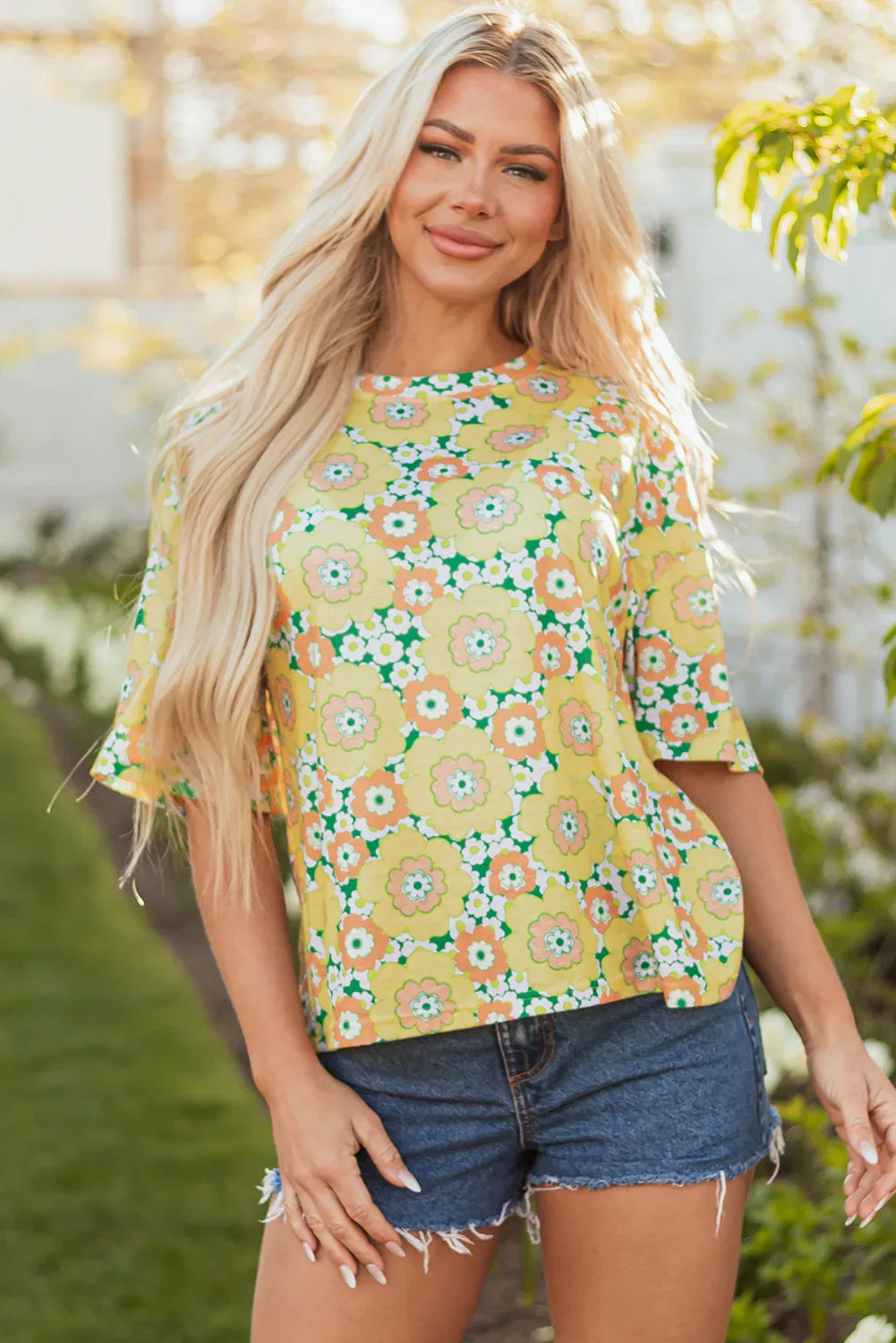 Yellow Summer Flower Printed Drop Shoulder Loose T Shirt - Windgat