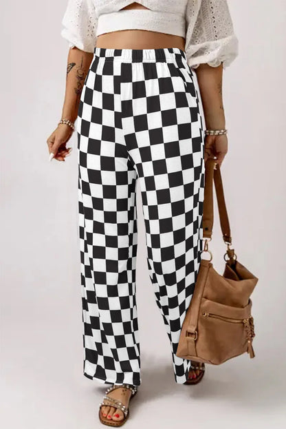 Green 2-Tone Checked Print High Waist Wide Leg Pants - Windgat
