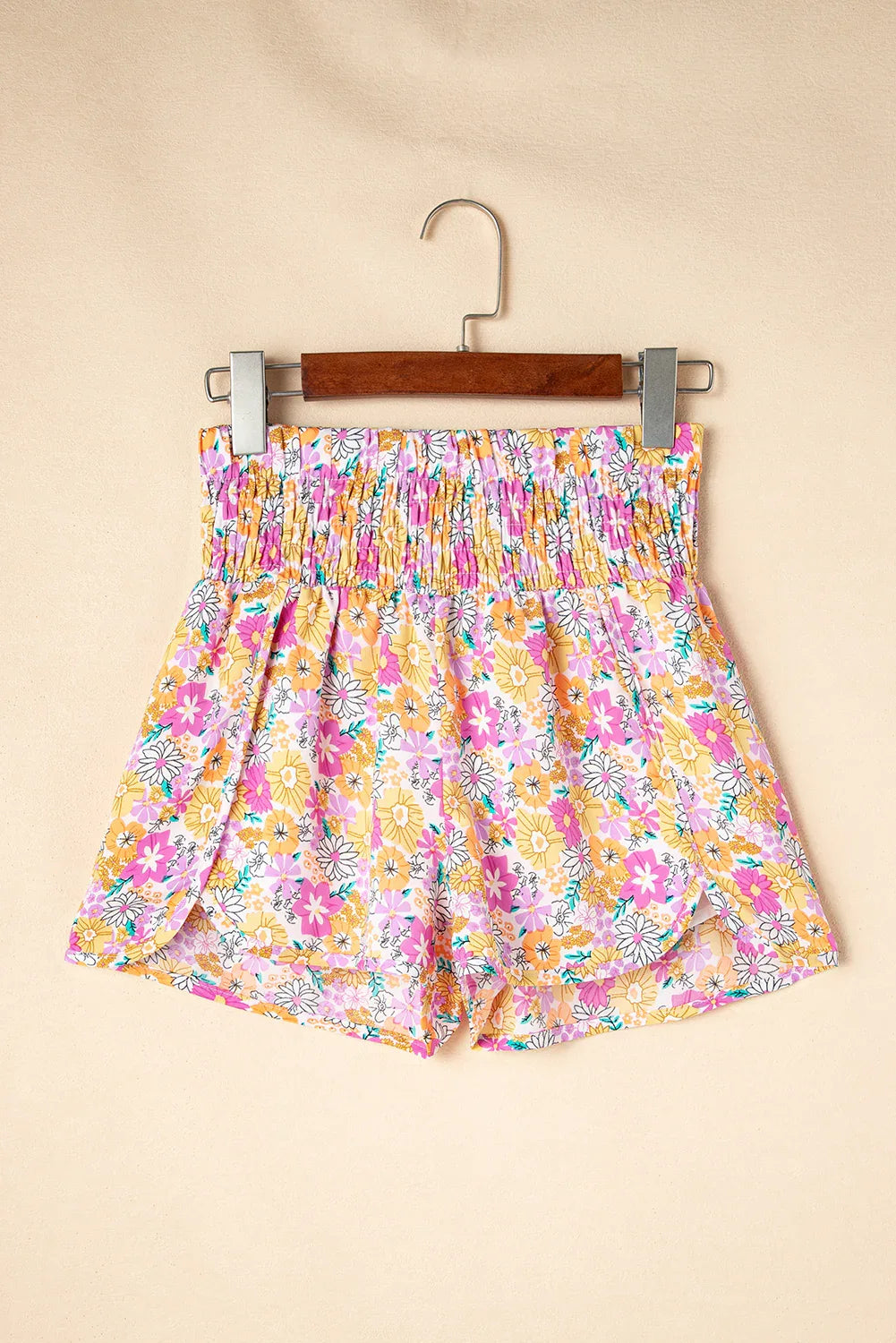 Orange Boho Floral Shirred High Waist Casual Shorts - Windgat