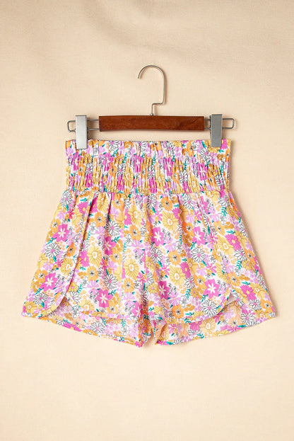 Orange Boho Floral Shirred High Waist Casual Shorts - Windgat