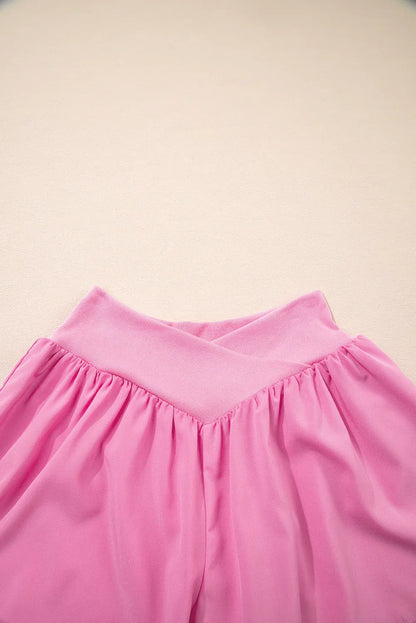 Bright Pink Crossed Waist Tiered Flowy Shorts - Windgat