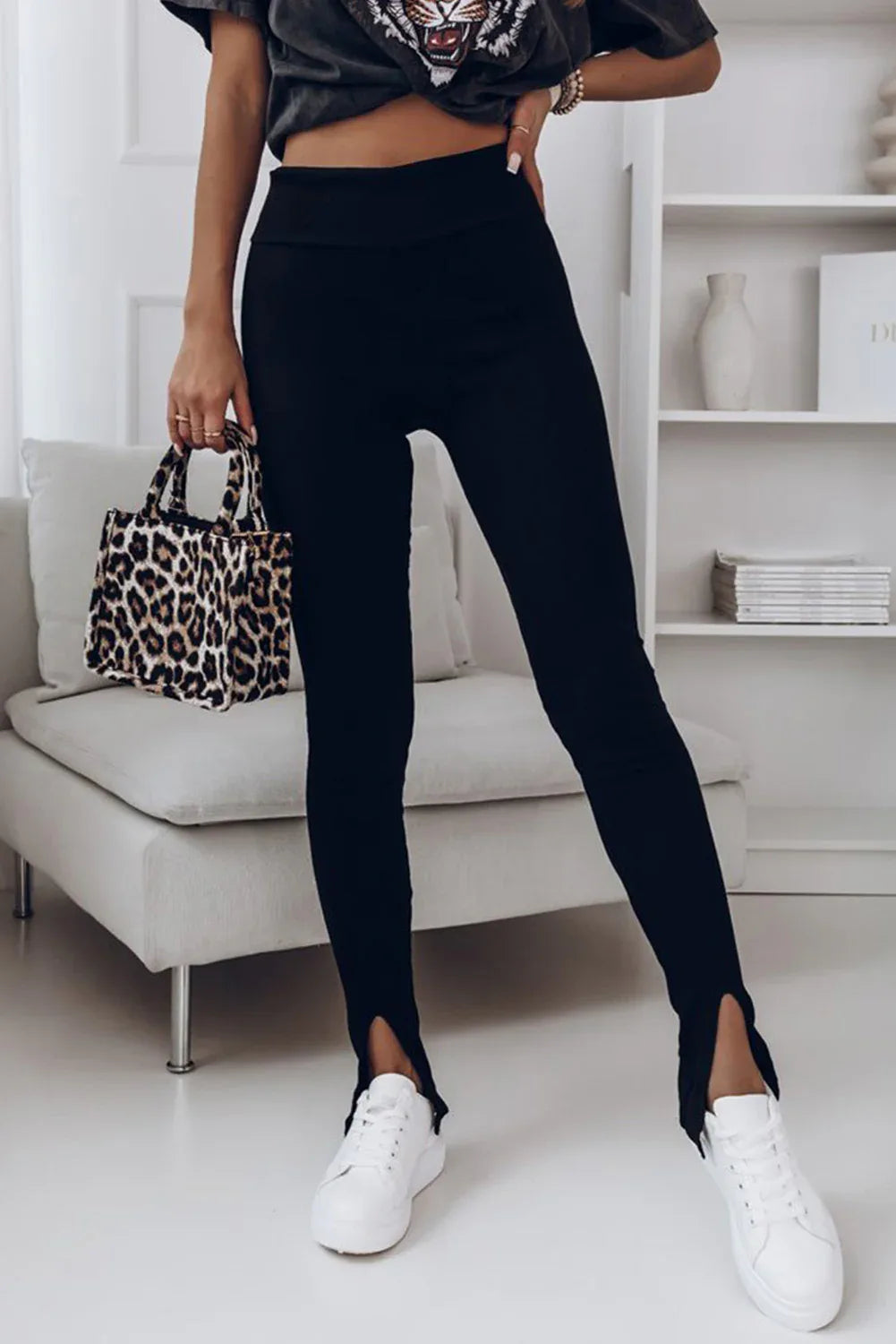 Black Rib Knit High Waist Slit Leggings - Windgat
