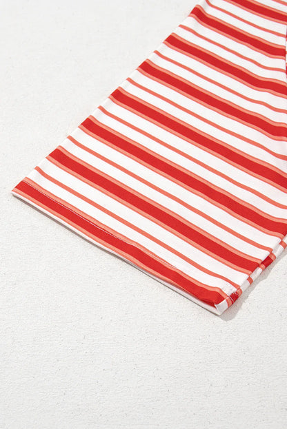 Tomato Red Stripe Print Contrast Collar Raglan Sleeve T Shirt - Windgat