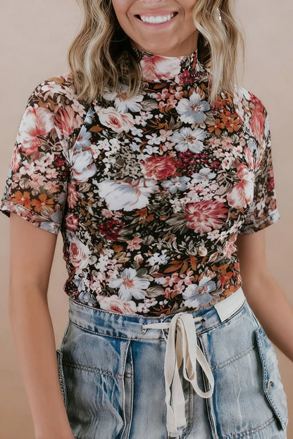 Brown Floral Print High Neck Short Sleeve Mesh Top - Windgat