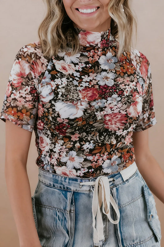 Brown Floral Print High Neck Short Sleeve Mesh Top - Windgat