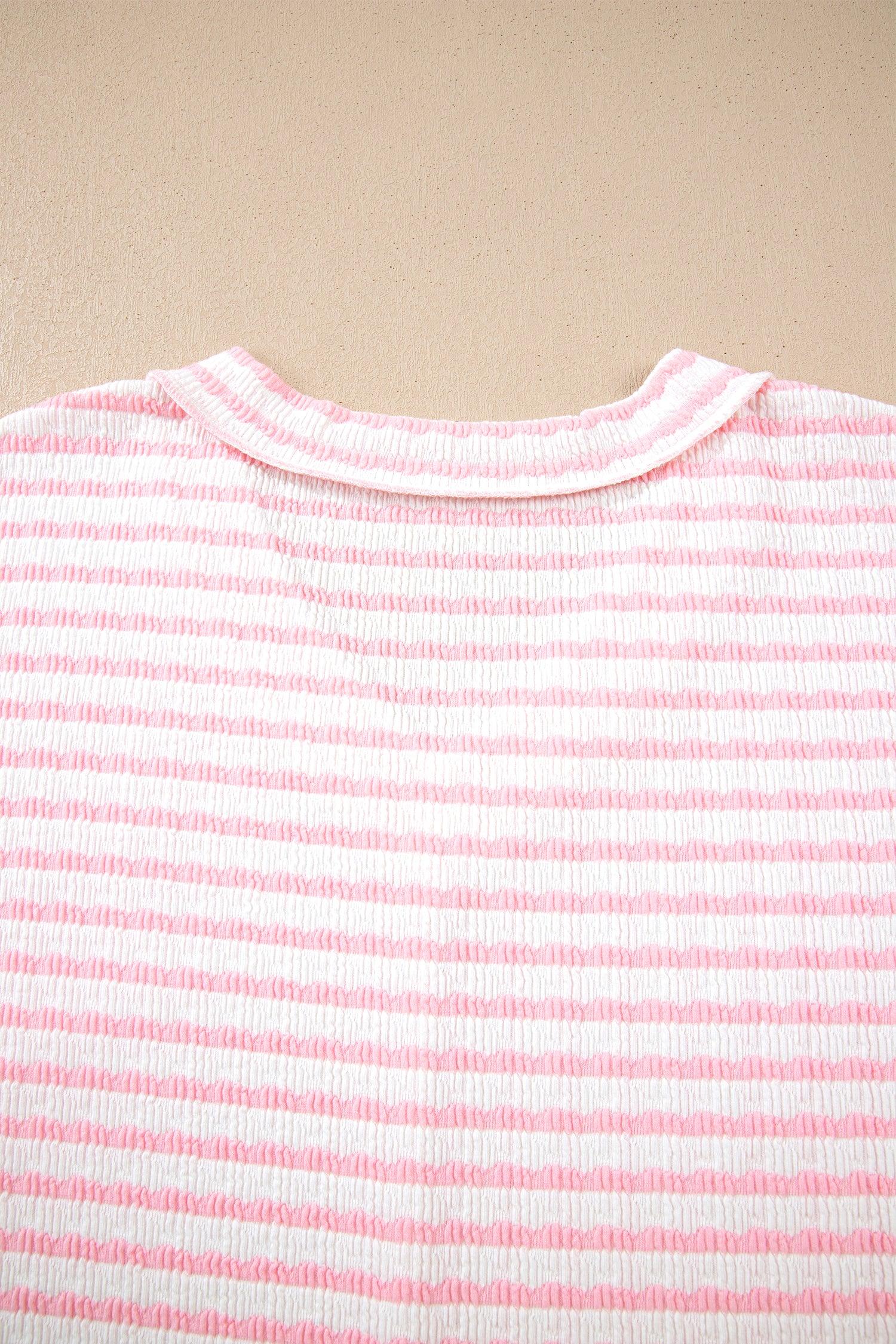 Pink Stripe Plus Size V Neck Exposed Seam Patchwork T Shirt - Windgat