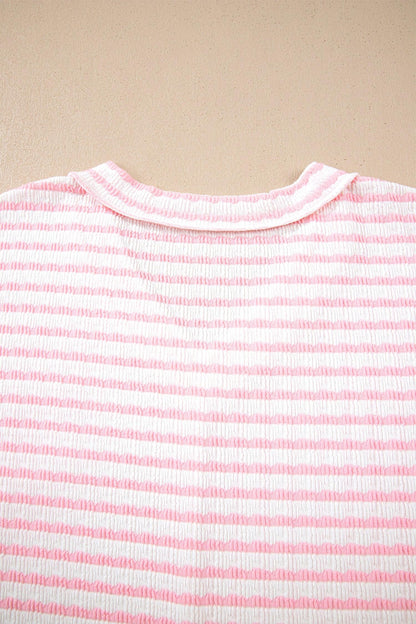 Pink Stripe Plus Size V Neck Exposed Seam Patchwork T Shirt - Windgat