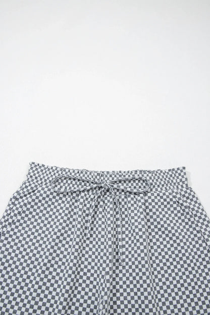 Gray Checkerboard Print Drawstring Elastic Waist Pocketed Shorts - Windgat