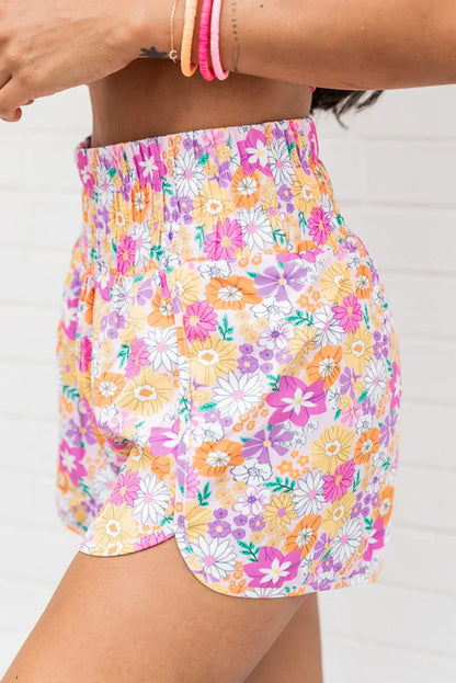Orange Boho Floral Shirred High Waist Casual Shorts - Windgat