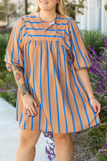 Khaki Stripe Contrast Striped Print 3/4 Sleeve Babydoll Plus Size Dress - Windgat