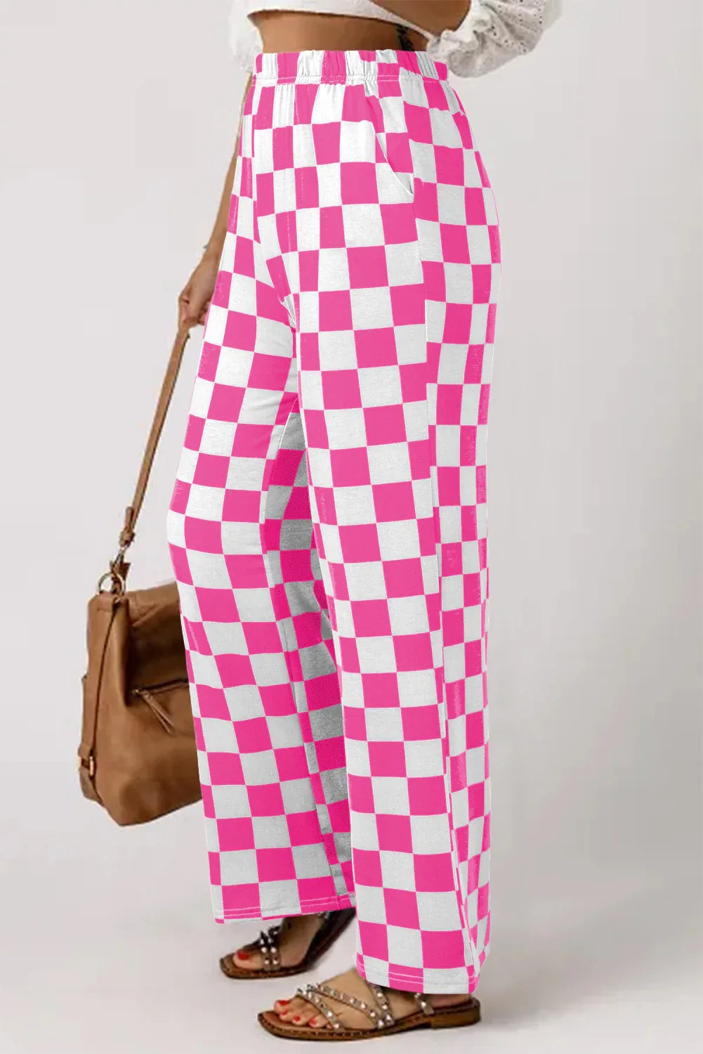 Green 2-Tone Checked Print High Waist Wide Leg Pants - Windgat