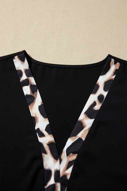 Black Plus Size Leopard Patchwork V Neck 3/4 Sleeve Ruffle Hem Mini Dress - Windgat