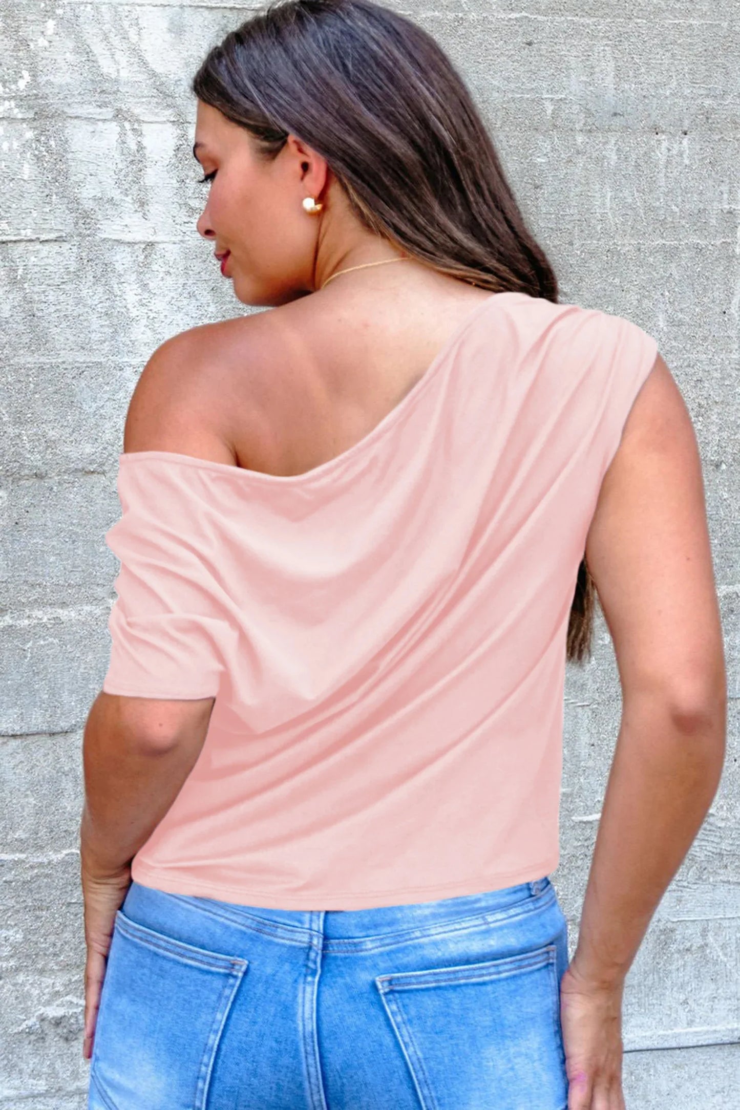 Gossamer Pink Plus Size Solid Color Asymmetric Neck Short Sleeve Blouse - Windgat