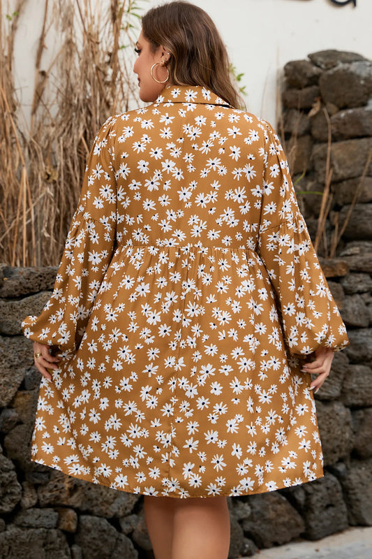 Khaki Plus Size Daisy Floral Print Button Split Neck Puff Sleeve Dress - Windgat