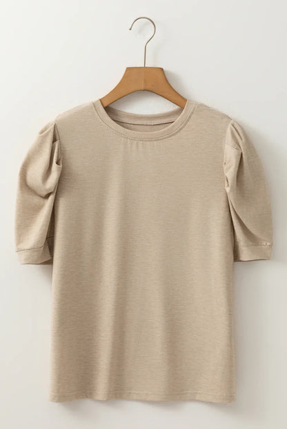 Parchment Solid Color Ruched Puff Sleeve T Shirt - Windgat