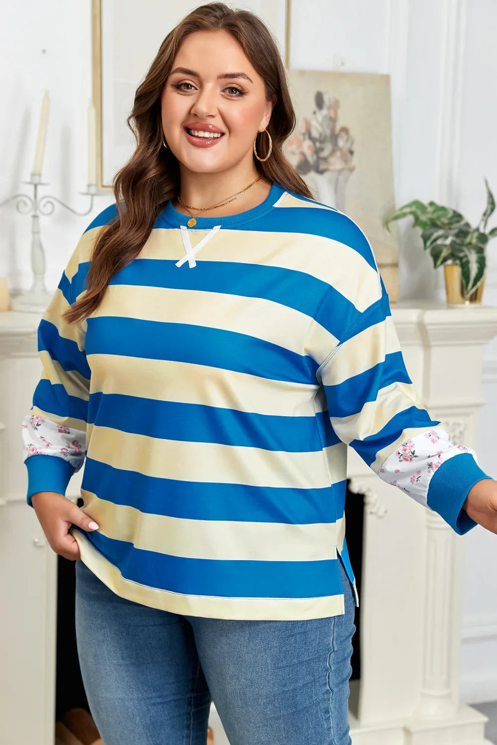 Blue Stripe Floral Color Block Drop Shoulder Plus Size Pullover Top - Windgat