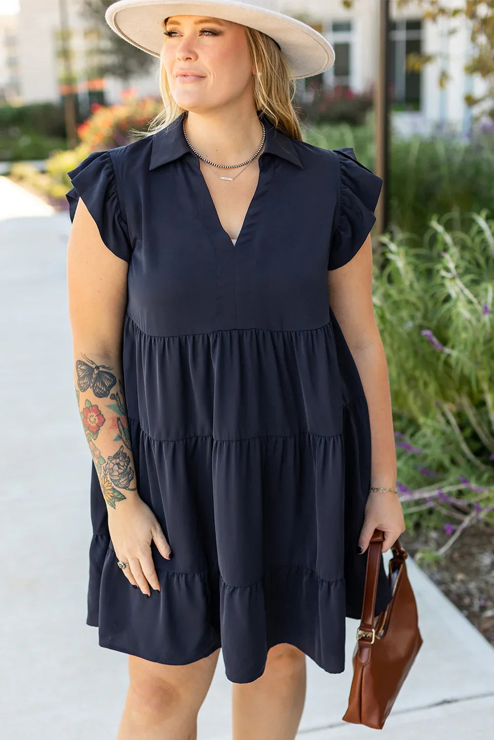 Navy Blue Collared V Neck Flutter Sleeve Tiered Plus Size Dress - Windgat
