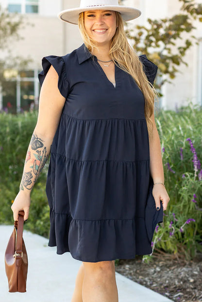 Navy Blue Collared V Neck Flutter Sleeve Tiered Plus Size Dress - Windgat