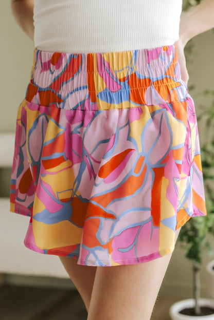 Purple Abstract Print Smock Waist Casual Shorts - Windgat