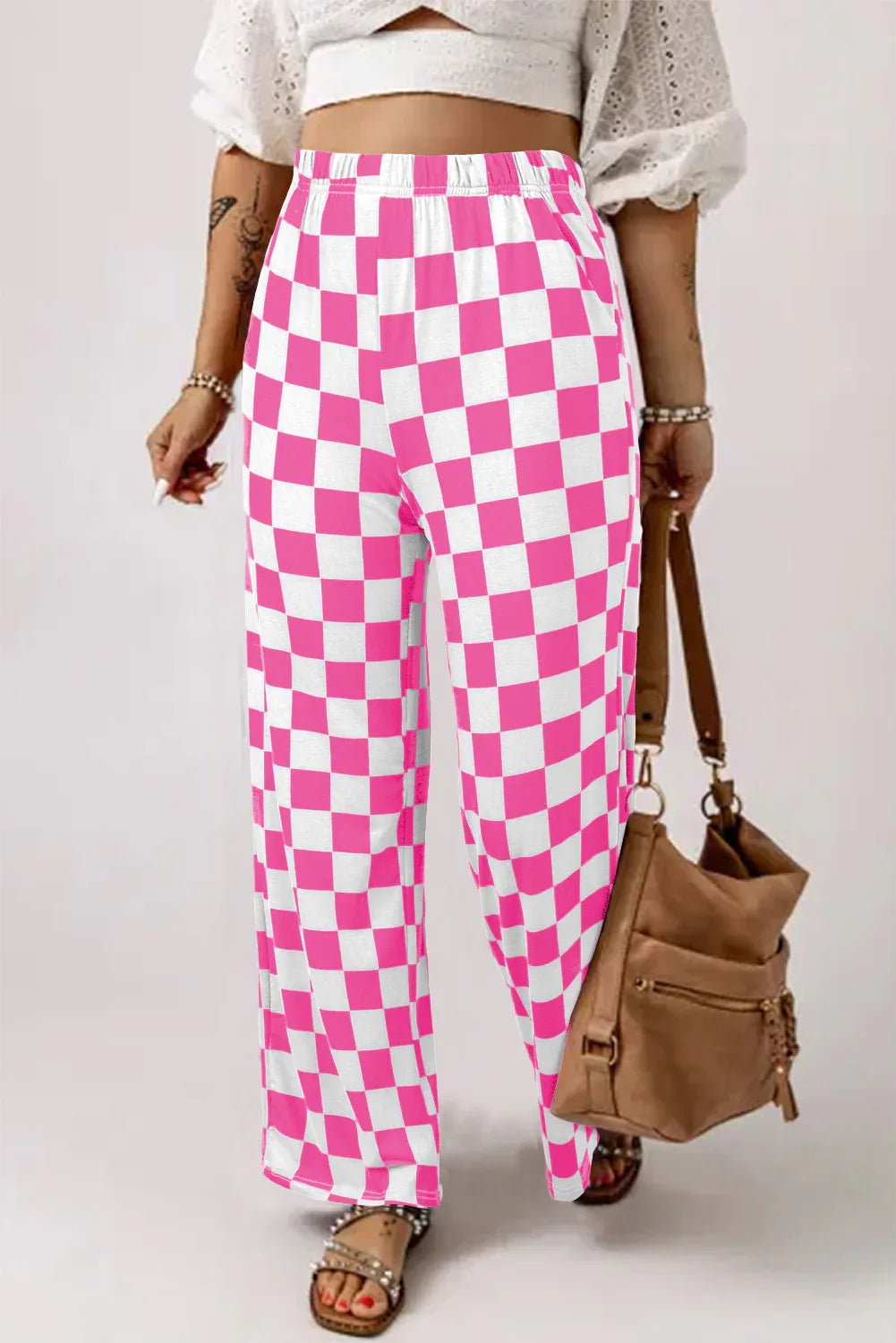 Green 2-Tone Checked Print High Waist Wide Leg Pants - Windgat