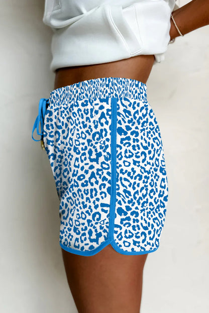 Blue Leopard Elastic Waistband Lace up Contrast Trim Casual Shorts - Windgat
