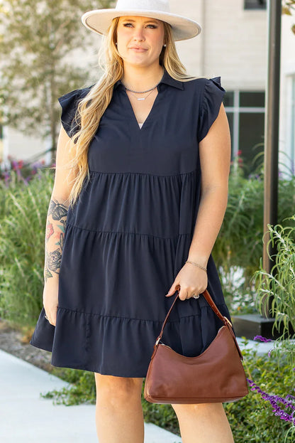 Navy Blue Collared V Neck Flutter Sleeve Tiered Plus Size Dress - Windgat