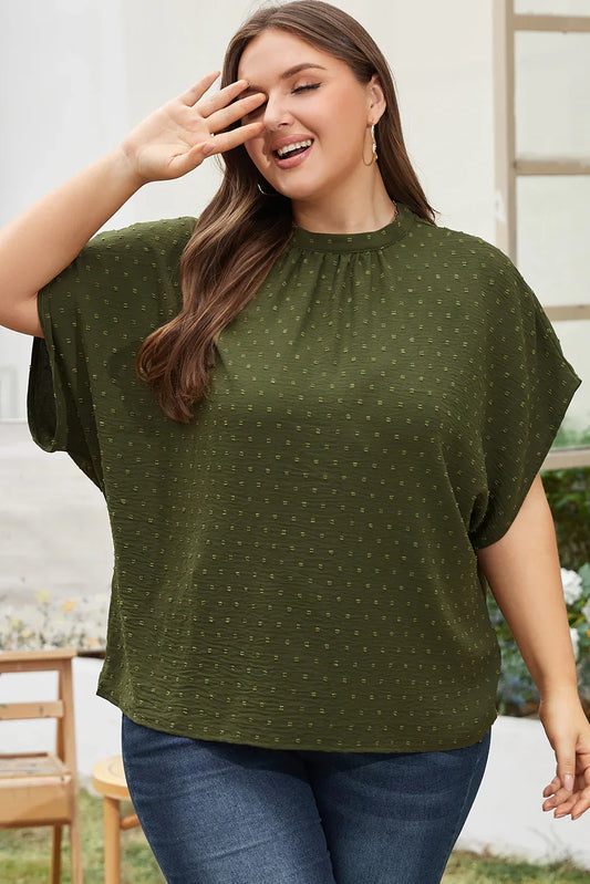 Moss Green Plus Size Swiss Dot Mock Neck Tied Nape Top - Windgat