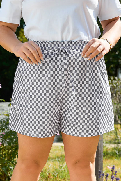 Gray Checkerboard Lace-Up High Waist Plus Size Casual Shorts - Windgat
