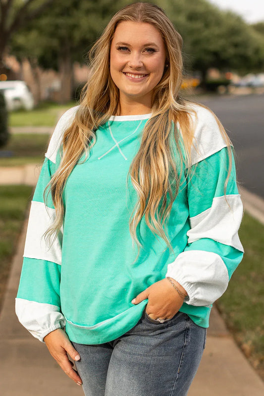 Aruba Blue Colorblock Patchwork Cross Seam Plus Sweatshirt - Windgat