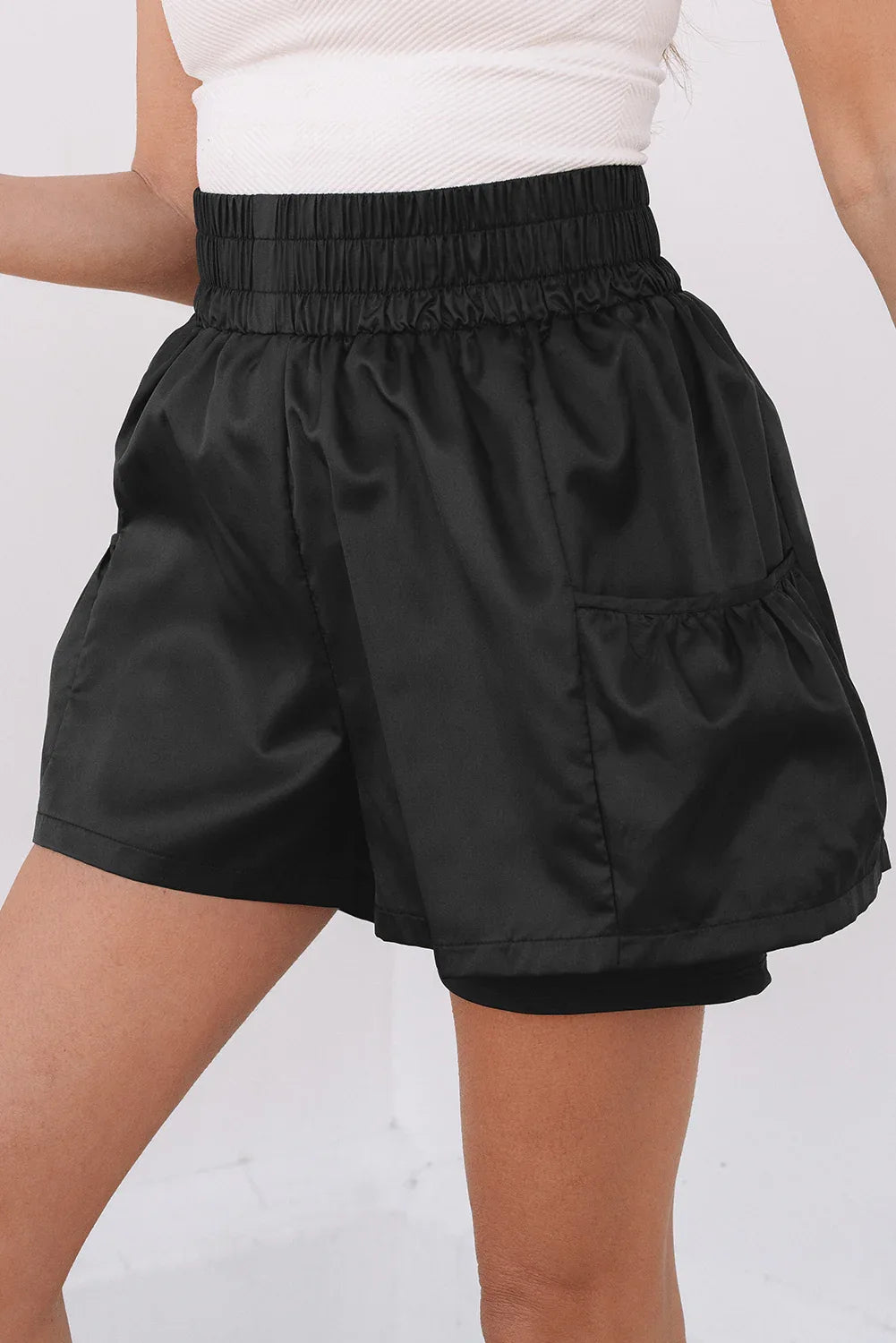 Black Elastic High Waist Pocketed Casual Shorts - Windgat