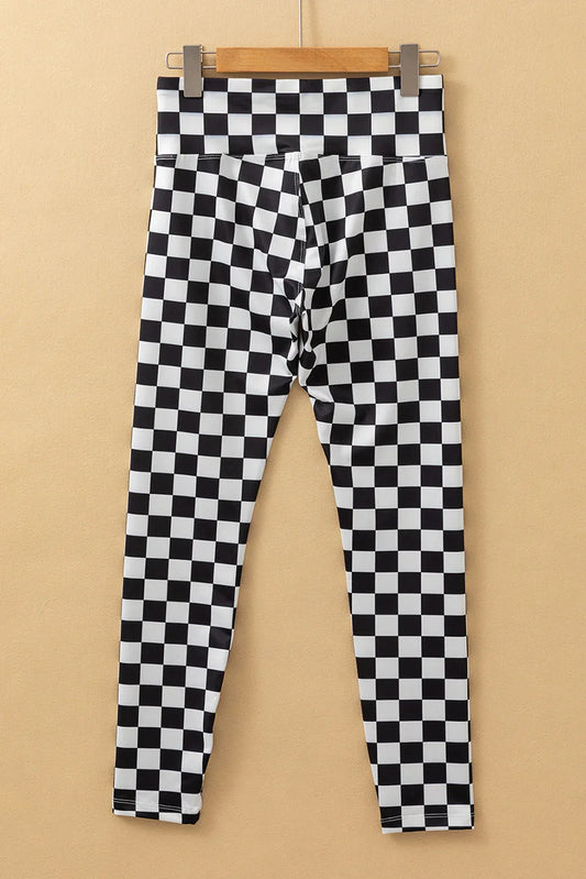 Black Checkered Pattern High Waist Skinny Leggings - Windgat