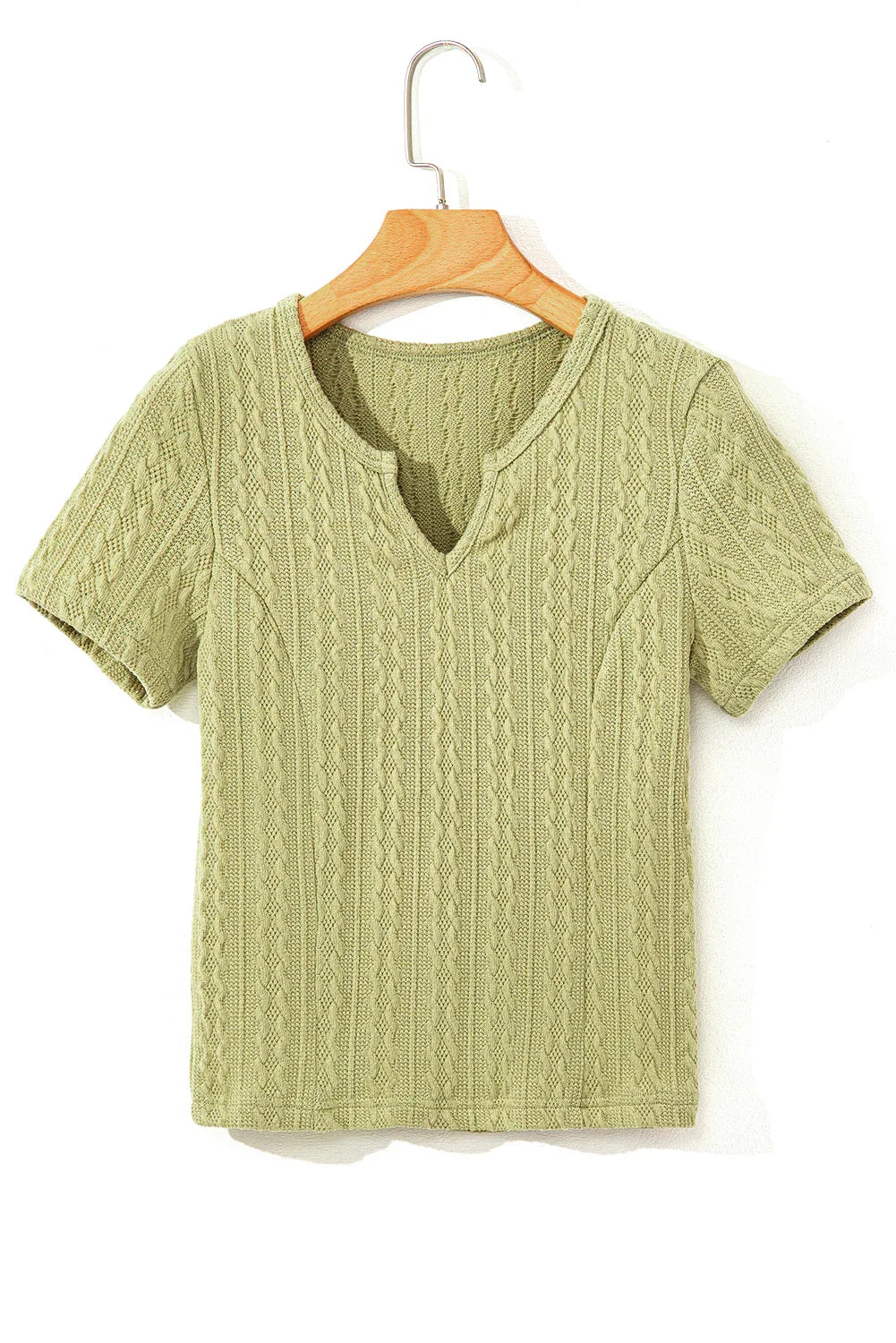 Spinach Green Textured Knit Slim Fit Notch V Neck T Shirt - Windgat