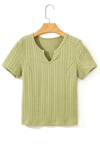 Spinach Green Textured Knit Slim Fit Notch V Neck T Shirt - Windgat