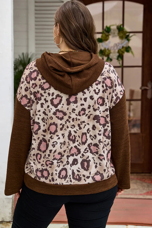 Brown Leopard Print Knit Patchwork Plus Hoodie - Windgat