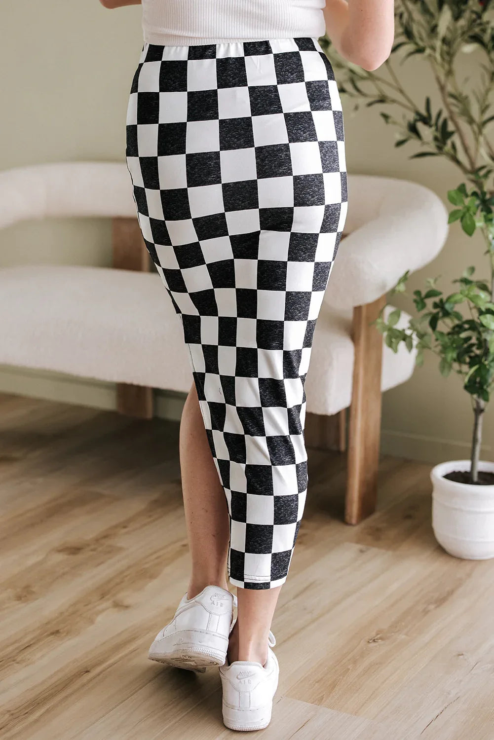 Rose Checkered Print Side Slit High Waist Midi Skirt - Windgat