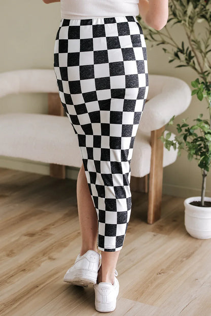 Rose Checkered Print Side Slit High Waist Midi Skirt - Windgat