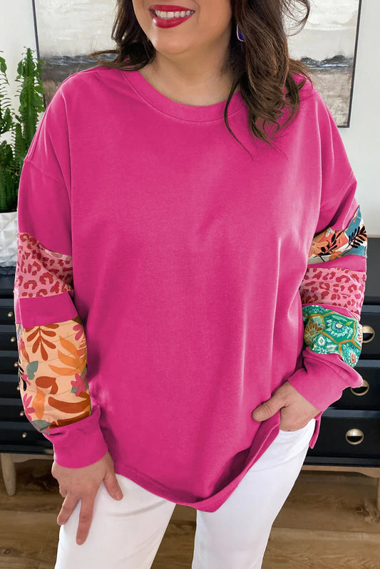 Rose Red Plus Size Printed Patchwork Sleeve Split Sweatshirt - Windgat