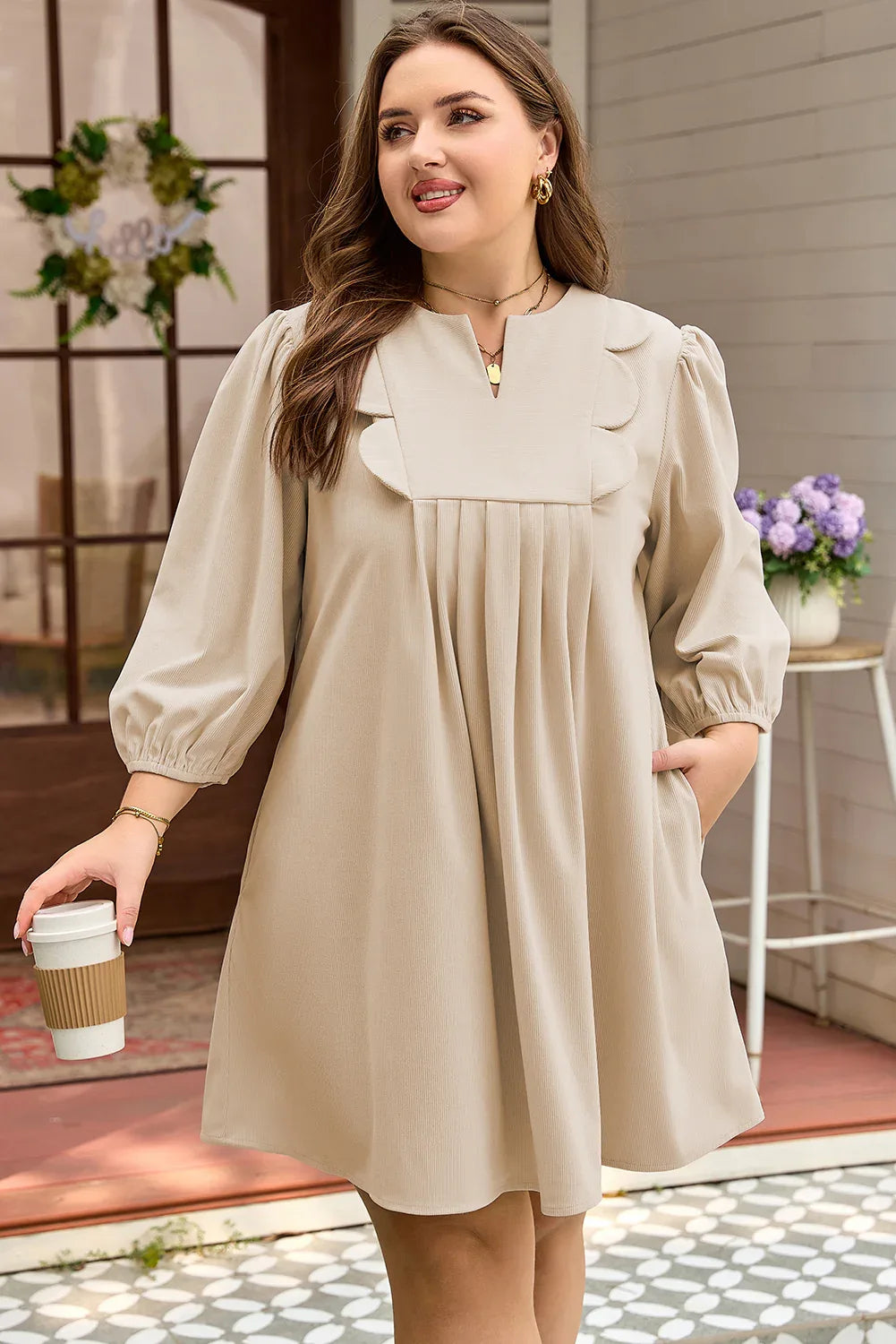 Parchment Notched Neck Scallop Detail Plus Size Mini Dress - Windgat