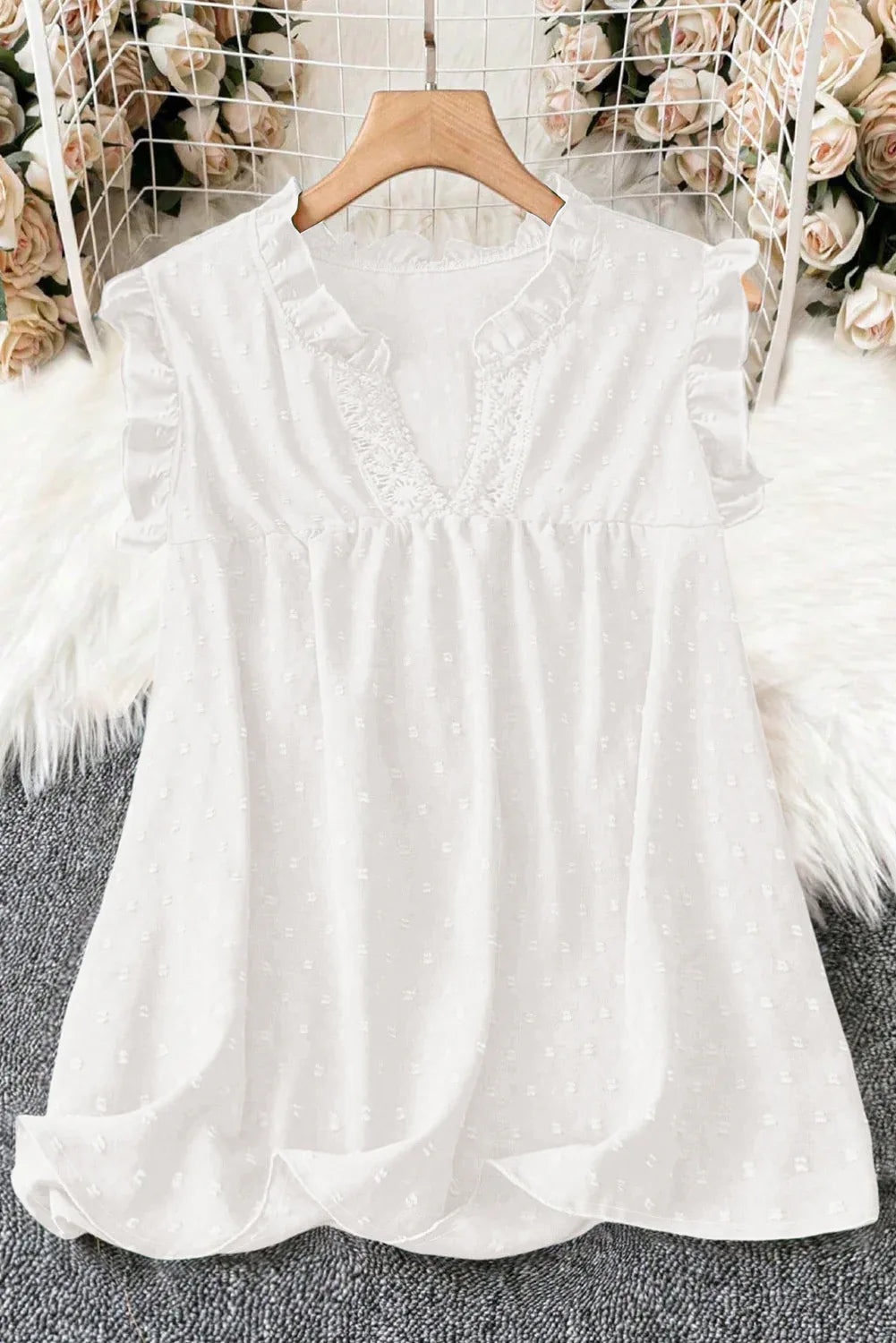 Black Plus Size Swiss Dot Ruffle Lace Trim V Neck Tank Top - Windgat