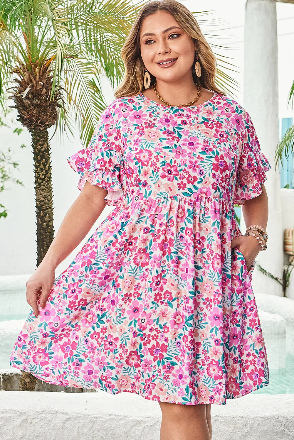 White Plus Size Floral Print Frilled Short Sleeve Flare Dress - Windgat