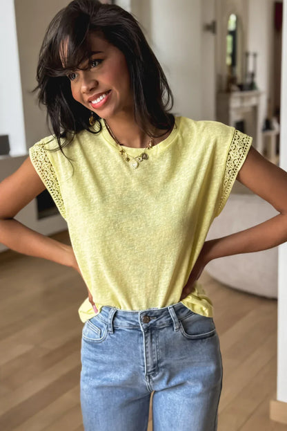 Yellow Cream Lace Patchwork Cap Sleeve Round Neck T Shirt - Windgat