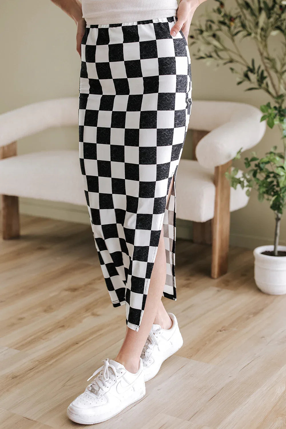 Rose Checkered Print Side Slit High Waist Midi Skirt - Windgat