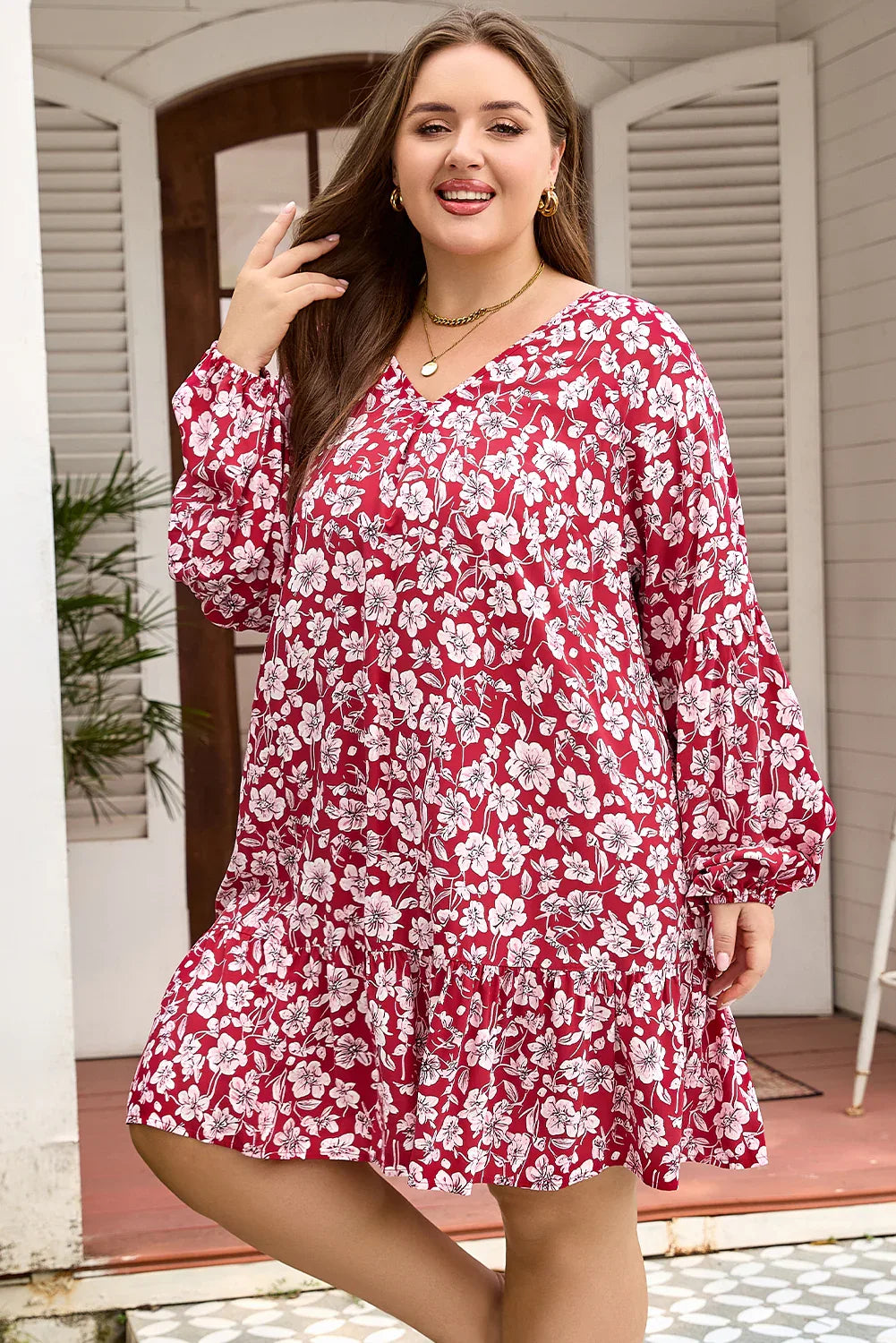 Purple Plus Floral Balloon Sleeve V Neck Relaxed Dress - Windgat