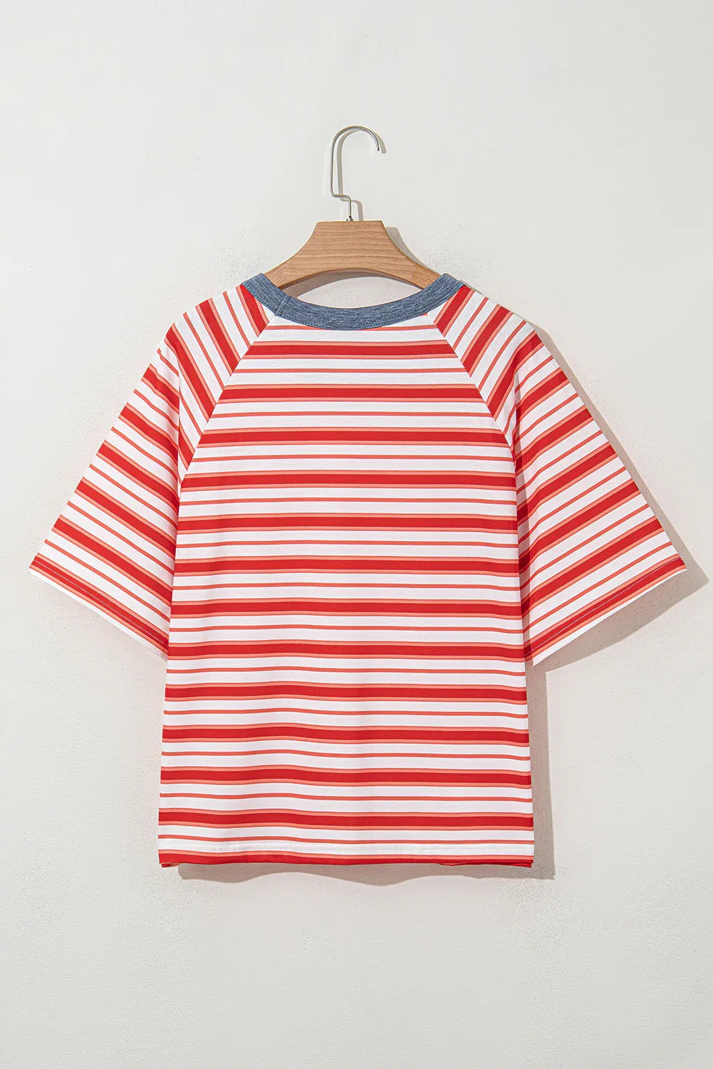 Tomato Red Stripe Print Contrast Collar Raglan Sleeve T Shirt - Windgat