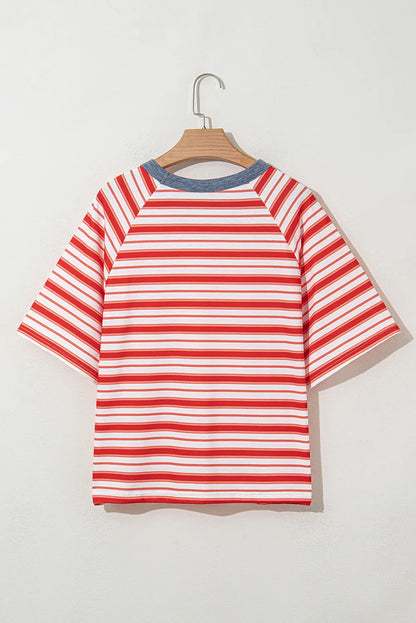 Tomato Red Stripe Print Contrast Collar Raglan Sleeve T Shirt - Windgat