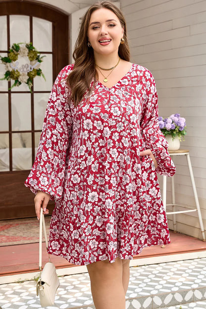 Purple Plus Floral Balloon Sleeve V Neck Relaxed Dress - Windgat