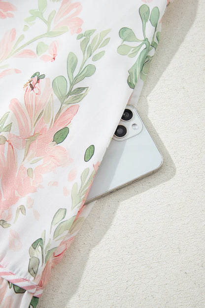 Pink Plus Size Floral Print Striped Detail Short Summer Dress - Windgat